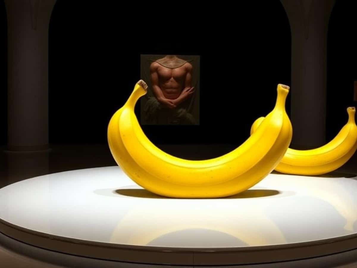 A visitor eats the famous $6.2 million banana on display in France