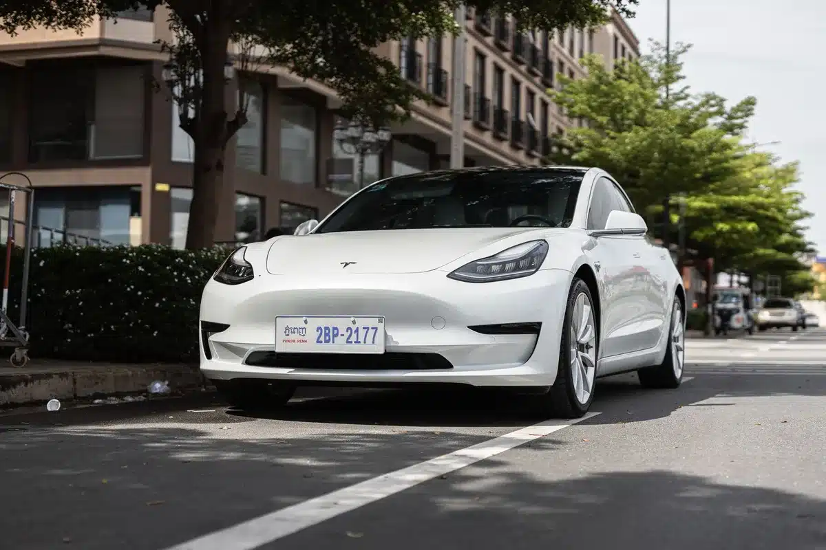 Fila di berline e crossover Tesla parcheggiati