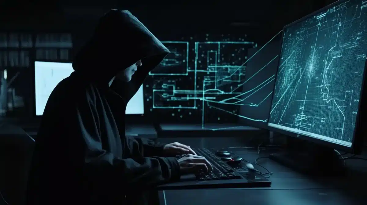Schermo di computer con codice e luci d'allarme che evoca attacco di agenti IA